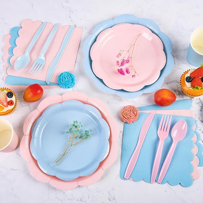 400 Pcs Baby Gender Reveal Plates and Napkins Set Party Supplies, Tableware set for 50 Guest include Pink and Blue Scalloped Plates Napkins Knives Forks Spoons Cups for Baby Shower Gender Reveal Party