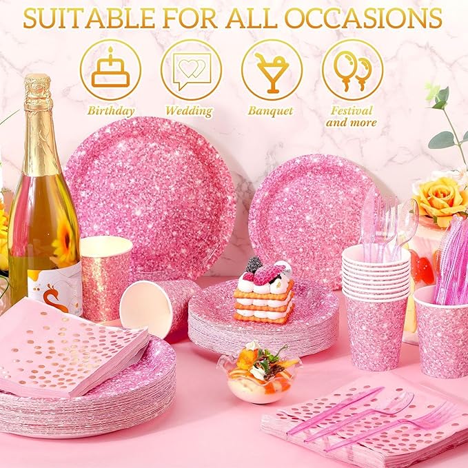 Hushee 175 Pcs Pink Holographic Print Party Supplies Guests Disposable Dinnerware Set Include Paper Plates, Napkins, Cups, Plastic Cutlery for Wedding Birthday Disco Bachelorette