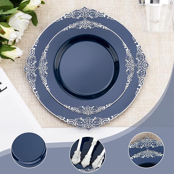Bestluck 350PCS Navy Blue Plates for 50 Guests, Disposable Dinnerware Sets Include 100 Plastic Plates, 50 Silverwares, 50 Cups, and 50 Pre Rolled Napkins for Party, Wedding and Graduation