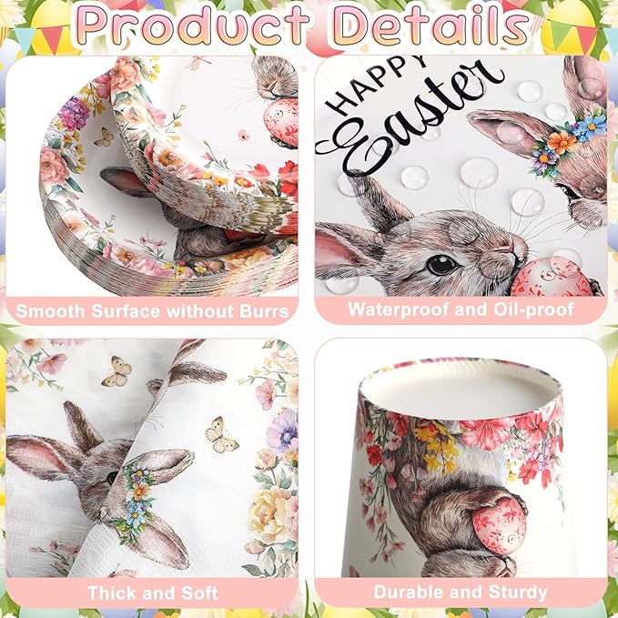 Havawish 350 Pcs Easter Bunny Party Supplies Happy Easter Disposable Tableware Set Flowers Butterflies Rabbit Eggs Oval Paper Plates Cups Napkins Fork Knife Spoon for Spring Party Table Decorations