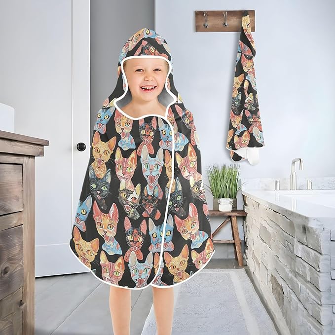 Kid Beach Towel Aesthetic Devon Rex Cats Black Boys Hooded Beach Towel Absorbent Bath Towels with Hood