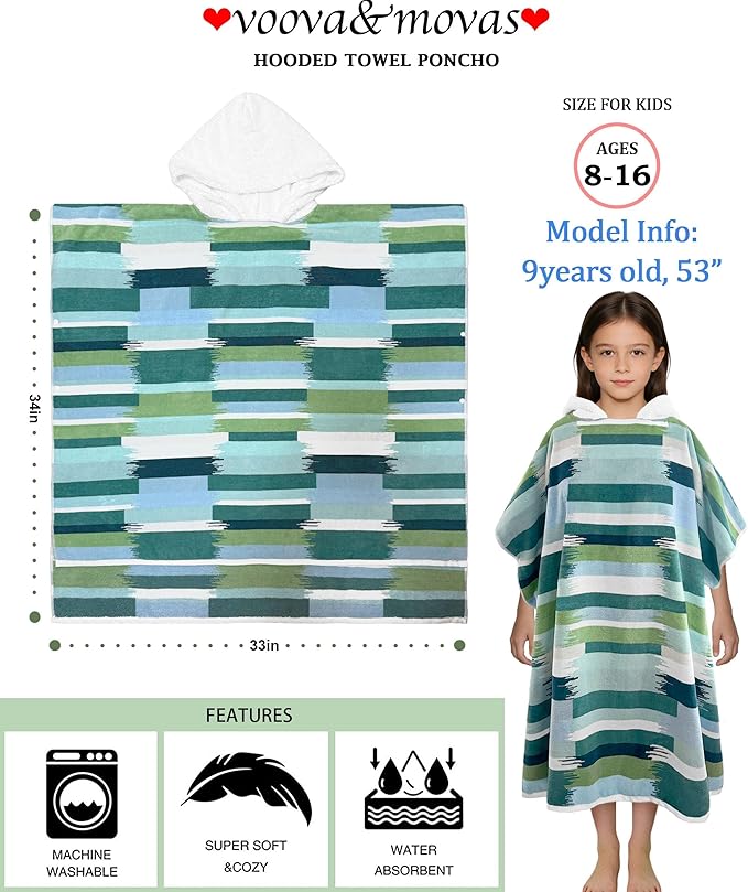 VOOVA & MOVAS Hooded Poncho Towel for Teens Unisex 100% Cotton Trendy Stylish Beach Pool Swim Cover Up Green Blue Geometric Pattern