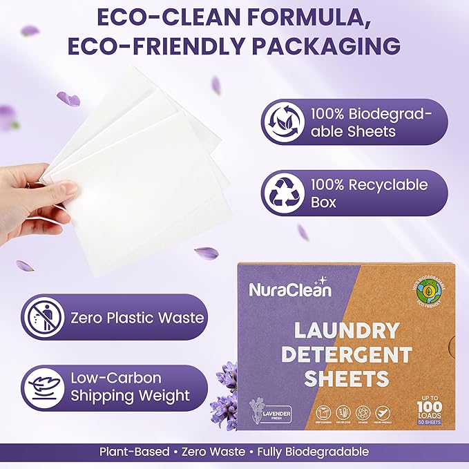 Laundry Detergent Sheets, Lavender Fresh – 50 Sheets (Up to 100 Loads), Powerful Clean, HE Compatible, Hypoallergenic, Plastic-Free, Eco-Friendly, Travel Friendly (Lavender)