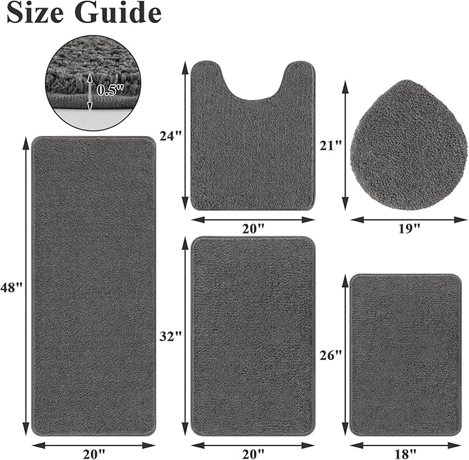 SHACOS Microfiber Bathroom Rugs Set 5 Pieces with Toilet Lid Cover Ultra Soft Absorbent Bath Mat U Shape Contour Rug for Bathroom, Non Slip Machine Washable Bath Runner Rugs for Bedroom, Kitchen, Grey