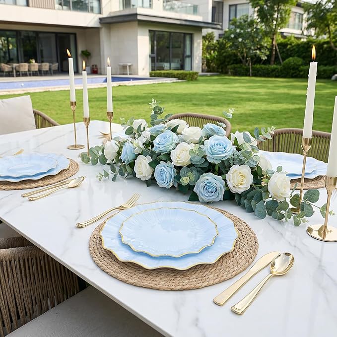 U-QE 150PCS Blue and Gold Plastic Plates with Gold Disposable Silverware for 30 Guests, Vintage Blue Plastic Plates Include 30 Dinner Plate,30 Dessert Plate,90 Cutlery for Bridal Shower, Party
