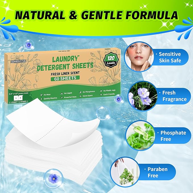 Laundry Detergent Sheets - Fresh Linen 120 Loads Laundry Sheets Detergent, Bulk Travel Laundry Detergent Eco Friendly & Hypoallergenic Natural Detergent Sheets Strips Laundry Soap Sheets