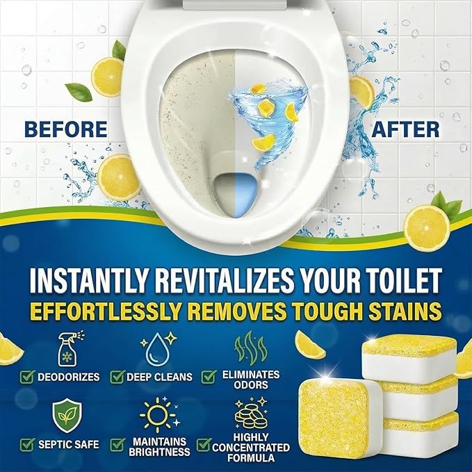 Toilet Bowl Cleaner Tablets – Deodorizer & Septic Safe, Odor Eliminator, Stain Remover for Long-Lasting Freshness – Fresh Lemon Scent 24 Pack