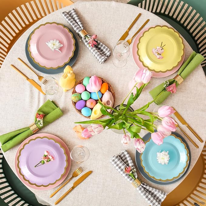 96 Pcs Pastel Paper Plates 7 Inch Easter Scalloped Disposable Dessert Plate for Coquette Bridal Pink Bow Wedding Birthday Baby Shower Party Supplies