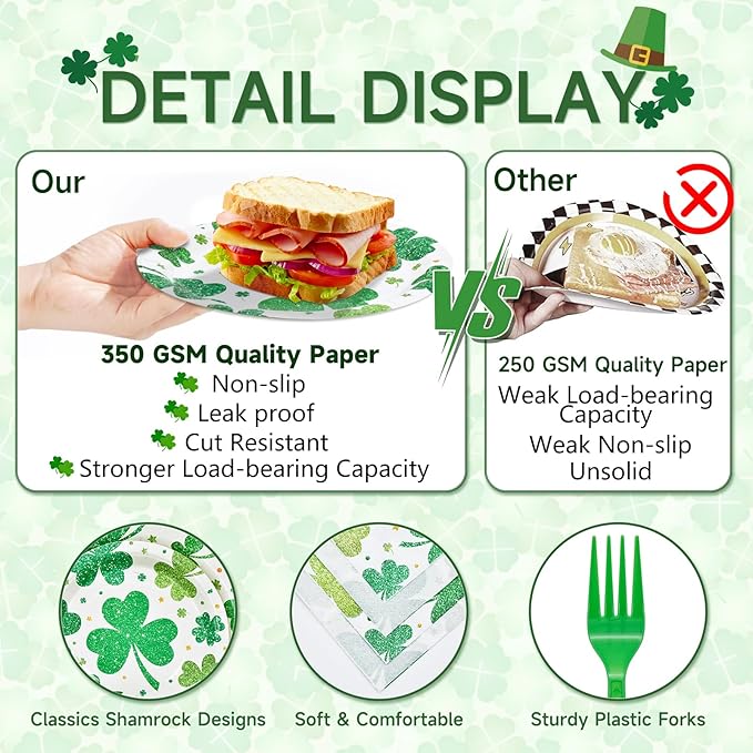 96 Pieces St. Patrick's Day Shamrock Plates and Napkins Tableware Set, Green Lucky Clover Disposable Dinnerware with Paper Plates, Napkins, and Forks for Irish Party Supplies- Serves 24