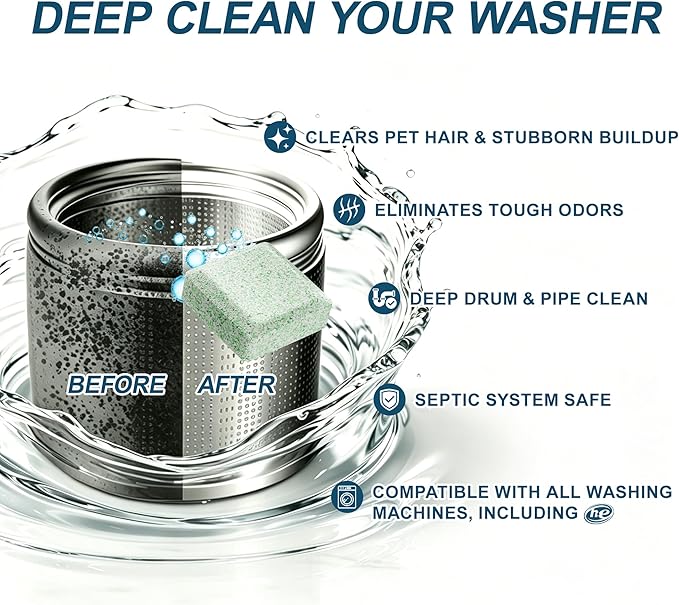 Washing Machine Cleaner Pet-Hair-Remover for Laundry, Cleaning Supplies for Odors and Grime, Safe for Pets, 24 Tablets, 1 Year Supply