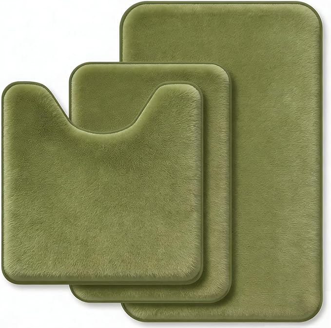 Green Bathroom Set Extra Soft Memory Foam Bath Mat Sets 3 Piece Non Slip Absorbent & Dry Living Mat Sets Washable Bath Carpets with Toilet Rug,Bath Rugs for Bathroom,Tub,Shower,Kitchen,Bedroom