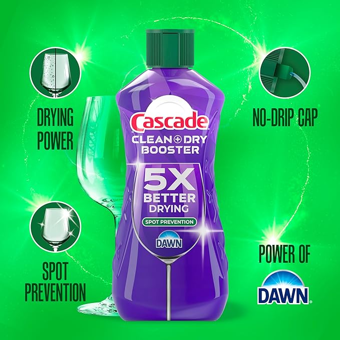 Cascade Rinse Aid Clean & Dry Booster Dishwasher Rinse Aid Liquid for Spotless, Streak-Free Dishes, Works with Dishwasher Detergent, Dishwasher Gel, Pods, or Tablets, Powerful Dry Booster, 16 oz