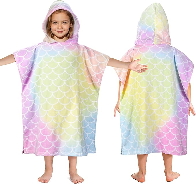 Tirrinia Kids Hooded Beach Towel, Toddler Hooded Bath Towel & Poncho Towel Super Absorbent, Wearable Swim Towel for Kids 3-6 Years Boys Girls at Bath Pool Beach, Birthday Gifts, Rainbow