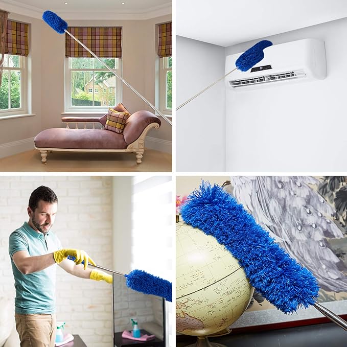 ZZ LAZYCOTTAGE Cobweb Duster with Extension Pole, Washable Cleaning Duster Kit with 2 Duster Heads, Cobweb Duster, Corner Brush, Aluminum Telescoping Pole for Ceiling Fan (Blue)