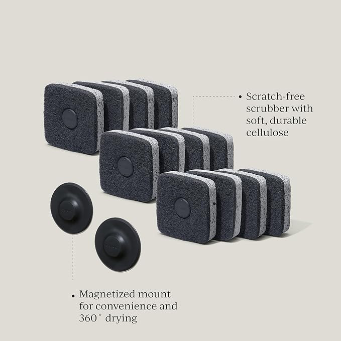 Curio Home Goods Ionic Non-Scratch Kitchen Sponge with Magnetized Holder, Dual Sided Cellulose and Scrub Pad, 12 Pack, Black/Grey