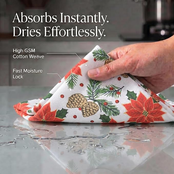 Urban Villa Christmas Kitchen Towels Pine Cone Print Multi Color, Premium Quality,100% Cotton Dish Towels Mitered Corners (Size: 20X30 Inch), Highly Absorbent Bar Towels & Tea Towels - (Set of 6)