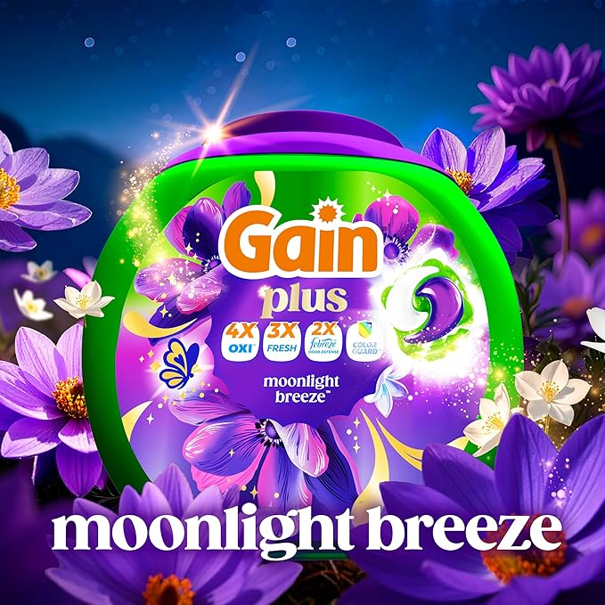 Gain Plus Flings Liquid Laundry Detergent Pods, Gain's Best Clean, All-In-One Pacs, Moonlight Breeze Scent, 45 Count