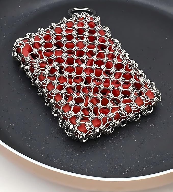 2026 Upgrade 316 Stainless Steel Pan Cleaner,4.5 Inch Triple-Ring Chain Mail Scrubber with Silicone Core, Cast Iron Pot Brush for Easier Removal of Stubborn Oil Stains & Food Residue-Red