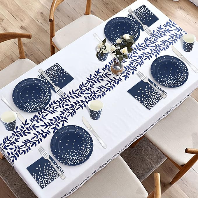 168Pcs Navy Blue Plates and Napkins Party Supplies, Navy Blue Paper Plates Serve 24, blue and Silver Party Decorations, for Fathers Day, Graduation, 4th of July, Hanukkah Party