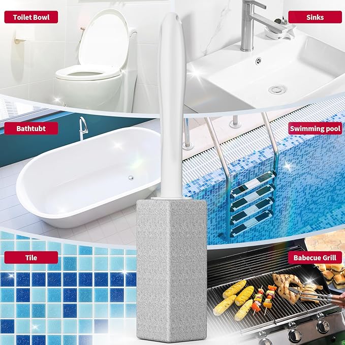 W&E Choice Toilet Pumice Stone 4 Pack, Pumice Stone for Bathroom Cleaning with Extra Long Handle, Toilet Brush for Removing Hard Water Stains & Limescale, Pool Tile Grill and Sink Cleaner