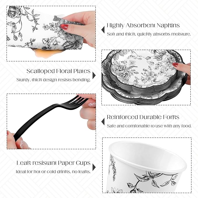 Kochorie 144 Pieces Black Floral Paper Plates and Napkins Party Supplies, Black and White Flower Tableware Set Include Vintage Scalloped Plates Napkins Cups Forks for Wedding Birthday Tea Party