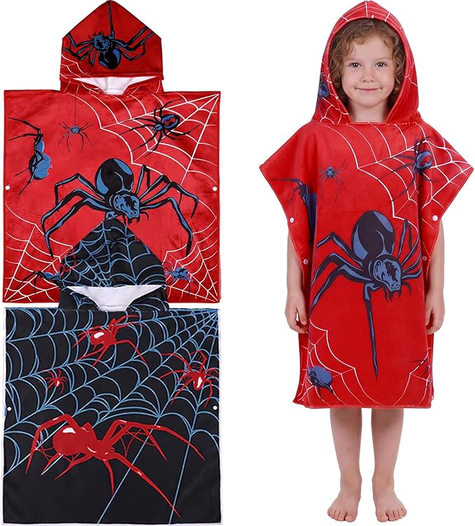 Fanfanwin 2 Pack Spider Web Bath Towel Beach Hooded Bath Towel 37.8x23.62 Inches Spider Them Poncho with Snap Buttons Hood Soft Microfiber Rapid Dry for Beach, Pool, Swim, Travel, Home Use