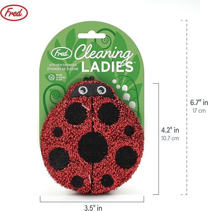 Genuine Fred Cleaning Ladies Ladybug Sponges, Set of 2 Scrubber Sponges, Gentle on Cookware, Tough on Grime, Corded Loop for Easy Drying, Fun and Functional Design, Great Gift