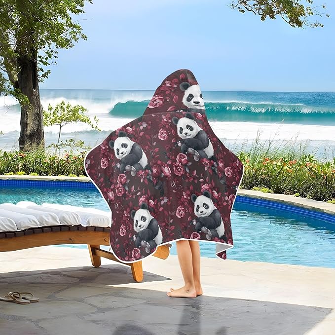 Hooded Beach Towel for Kids Cartoon Panda Burgundy Hooded Towels for Boys Soft Bath Towels with Hood