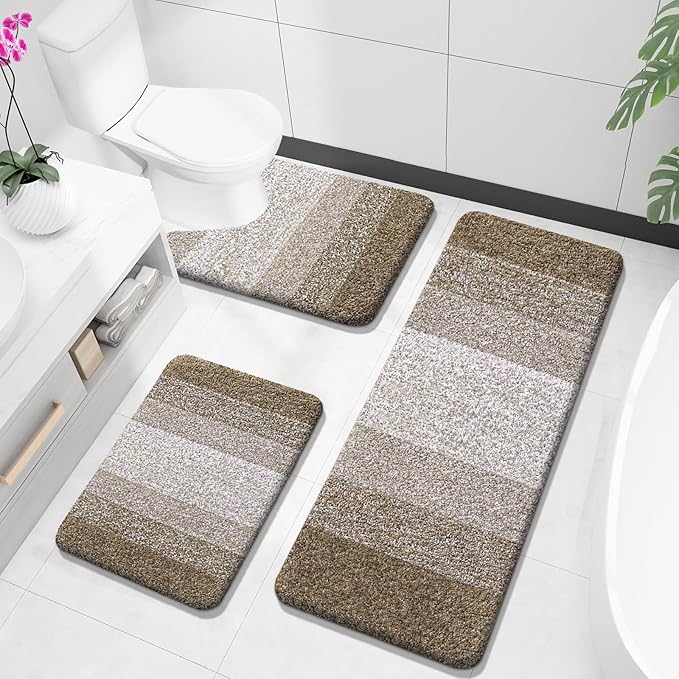 OLANLY Bathroom Rugs Sets 3 Piece, Soft Absorbent Microfiber Bath Mats and U-Shaped Contour Toilet Rug, Plush Shaggy Bath Mat Set for Bathroom (47"x20"+24"x16"+24"x20", Coffe)