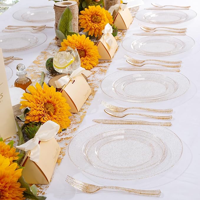 WDF 200PCS Gold Plastic Plates - Gold Glitter Plastic Plates - Heavy Duty Gold Glitter Disposable Plates - Include 100 Dinner Plates 10" and 100 Dessert Plate 7" for Wedding Spring Birthday