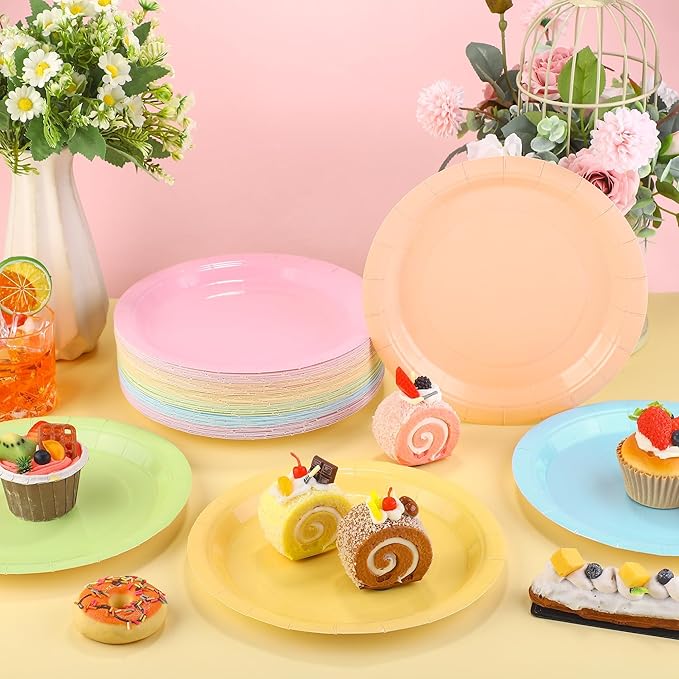 Kochorie 60 Pieces Pastel Rainbow Disposable Paper Plates 9 Inch Heavy Duty Dinner Plates, Solid Color, Table Decorations Party Supplies for Birthdays, Weddings, Daily Use