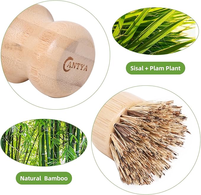 6 Packs Bamboo Dish Brush - Hard Bristle, Eco Friendly Dish Scrubber Union Fiber and Tampico Fiber Bamboo Wok Brush for Washing Cast Iron Pan/Pot