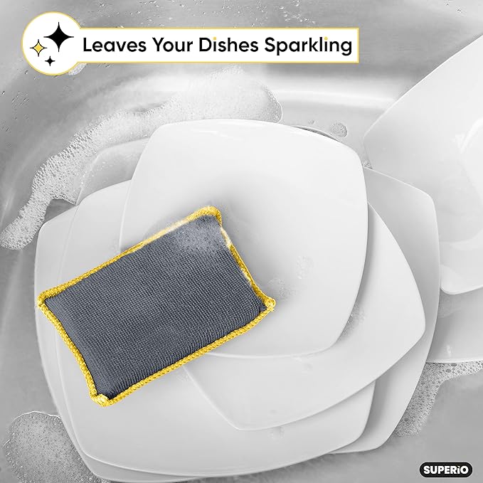 Miracle Microfiber Sponges for Kitchen Kosher Non-Scratch Sponge Scrubber Heavy Duty Multi-Purpose Cleaning of Dishes, Pots, Pans, and Countertops, Machine Washable, 6 Pack, by Superio (Grey)