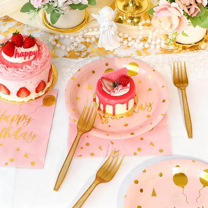 75 Pcs Happy Birthday Paper Plates,Serves 25 Guests Rose Gold Plates and Napkins with Gold Forks,Disposable Paper Tableware Set for Birthday Party Decorations