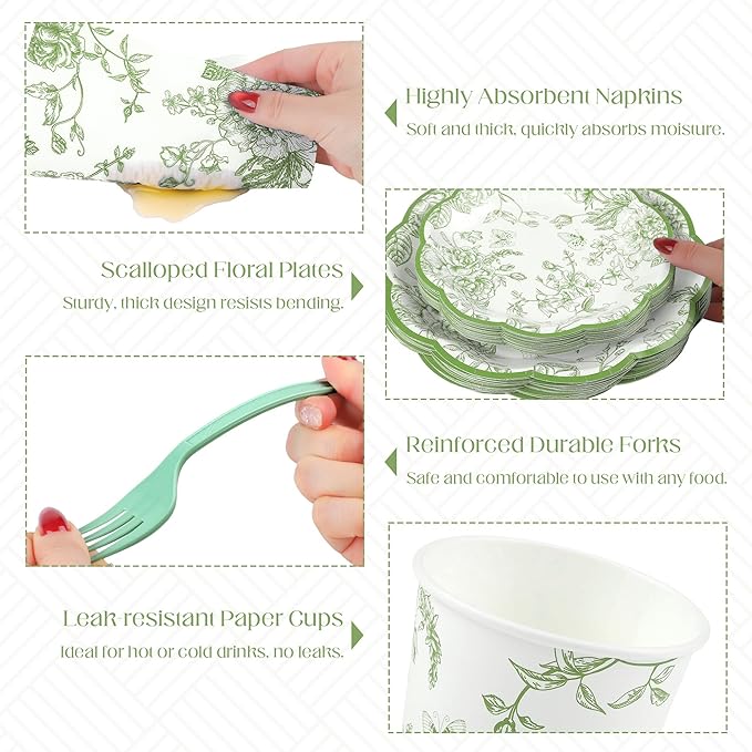 Kochorie 144 Pieces Sage Green Floral Paper Plates and Napkins Party Supplies Sage Green and White Flower Tableware Set Include Vintage Scalloped Plate Napkin Cups Forks for Wedding Birthday Tea Party