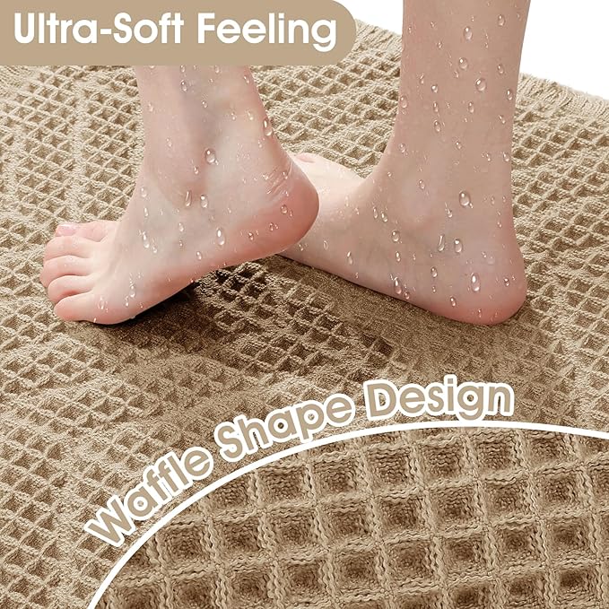 Upgraded Waffle Bath Mat, 36"x24" Beige-Herringbone, Super Absorbent Non-Slip Quick Dry Bathroom Rugs with Tassels, Machine Washable Ultra Soft Boho Bath Rugs, Toilet Mats Boho Farmhouse Decor