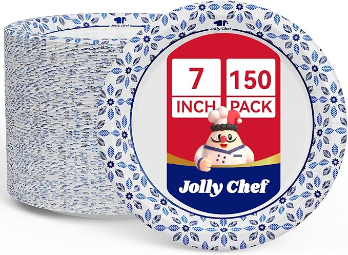 JOLLY CHEF 7 inch Disposable Paper Plates 150 Count, Soak Proof, Cut Proof, Heavy Duty Paper Plates Ideal for Everyday Use
