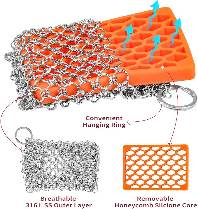 Herda 316L Cast Iron Scrubber Cleaner, Large Cast Iron Chain Mail Scrubber - Chainmail Scrubber Sponge - Metal Skillet Scrubbing, Wok, Dutch Oven Cleaning Kit-Detachable