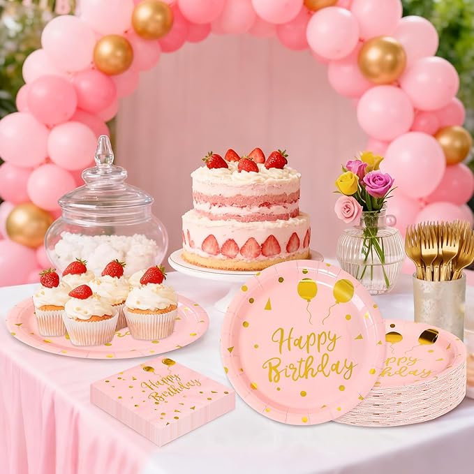 75 Pcs Happy Birthday Paper Plates,Serves 25 Guests Rose Gold Plates and Napkins with Gold Forks,Disposable Paper Tableware Set for Birthday Party Decorations