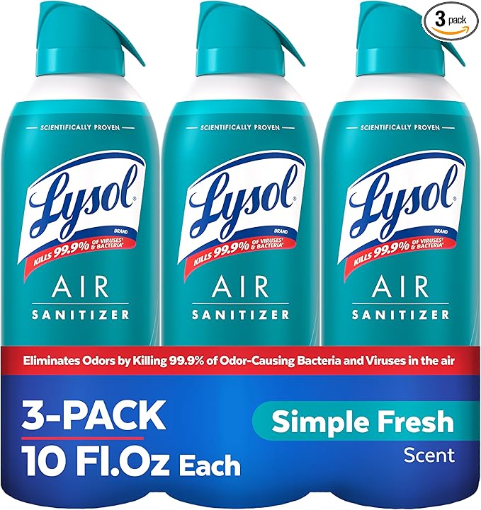 Lysol Air Sanitizer Spray with Bacterial Odor Eliminator for Home & Office, Sanitizing Air Spray, Air Freshener Alternative, Simple Fresh Scent,10 oz (Pack of 3)