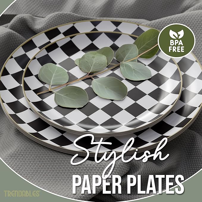 Trendables Checkered Paper Plates with Gold Rim | 80 Pcs Black And White Checkered Plates For Party - 40 x 8 & 40 x 10 | Race Car Party Decorations