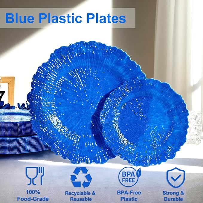 DaYammi 60Pcs Blue Plastic Plates - Sapphire Blue Plates Disposable & Reusable - Heavy Duty Plastic Plates for Party Including 30 Dinner Plate,30 Dessert Plate for Weddings,Dinner
