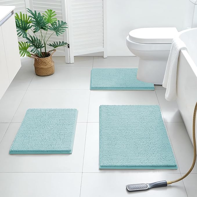 BYSURE Light Blue Bathroom Rugs Sets 3 Piece Non Slip Extra Absorbent Plush Chenille Soft Washable Bath Mats