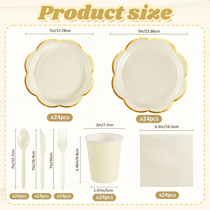 OuMuaMua 168Pcs White Paper Plates and Napkins Party Supplies, White Scalloped Plates and Napkins with Gold Rim, Disposable Plates for Party Birthday Baby Shower Weddings Bridal Shower, Serves 24