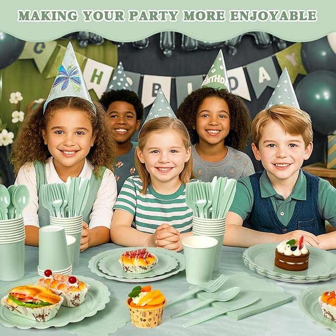 Vyntra 350 Pcs Sage Green Birthday Paper Plates and Napkins Set for 50 Guests, Disposable Party Supplies with Cups and Cutlery