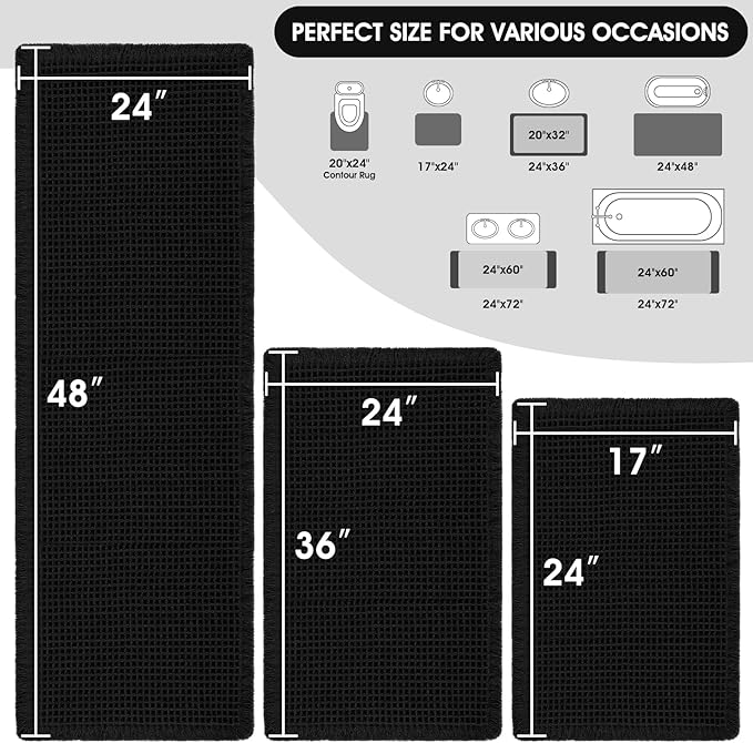 Upgraded Waffle Bath Mat Set 3 Piece Black, Super Absorbent Non-Slip Quick Dry Bathroom Rugs with Tassels, Machine Washable Ultra Soft Boho Bath Rugs for Floor, Toilet Mats Boho Farmhouse Decor