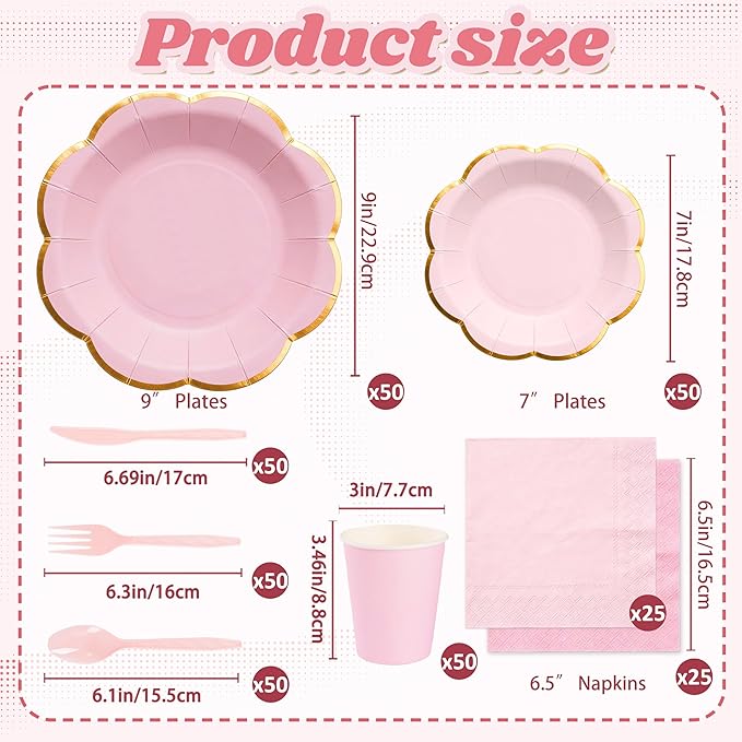 Pink Paper Plates and Napkins Party Supplies for 50 Guest, 350Pcs Pink Scalloped Mother's Day Party Plate with Gold Rim, Pink Disposable Plates Set for Girls Birthday Party Baby Shower Gender Reveal