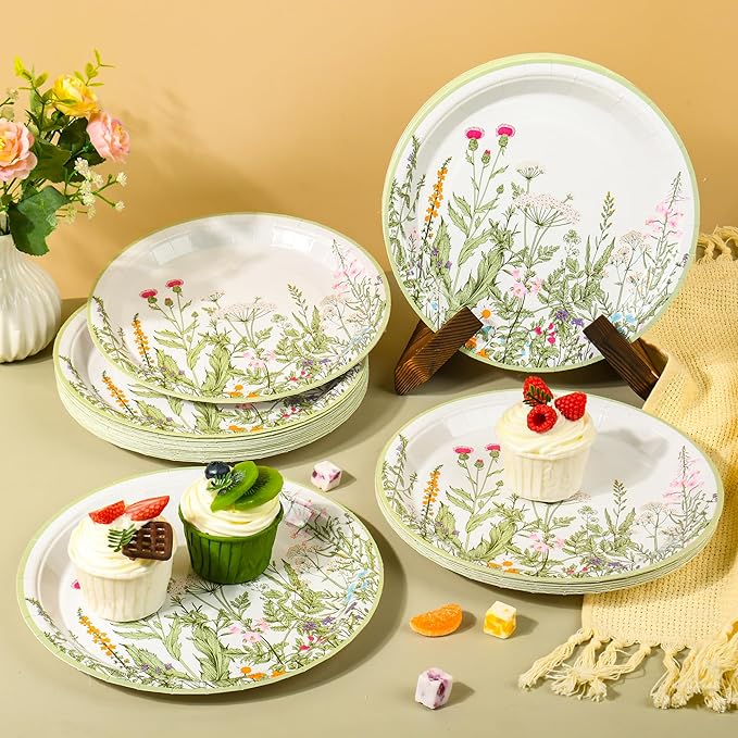 AimFun Wildflower Party Plates 9" Floral Paper Plates Botanical Green Leaves Herbs Disposable Party Supplies Spring Summer Vintage Garden Decorative Dinner Plates (48, Vintage Botanical)