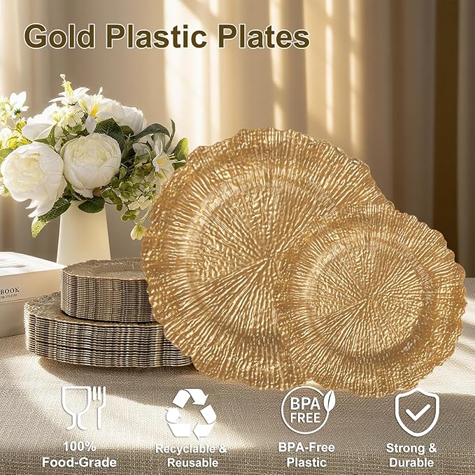 DaYammi 60Pcs Gold Plastic Plates-Elegant Gold Plates Disposable & Reusable-Heavy Duty Plastic Plates for Party Including 30 Dinner Plate, 30 Dessert Plate for Weddings,Dinner Parties