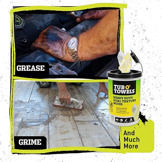 Tub O' Towels TW75 Heavy-Duty Multi-Surface Cleaning Wipes – Dual Texture 10" x 12" XL, 75 Count – Removes Grease, Tar, Oil, Paint, Ink & Tough Stains – Degreaser for Home, Garage, Auto & Workshop